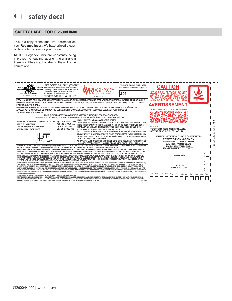 Safety decal, Caution, Avertissement | Regency CI2600 Large Wood Insert User Manual | Page 4 / 40