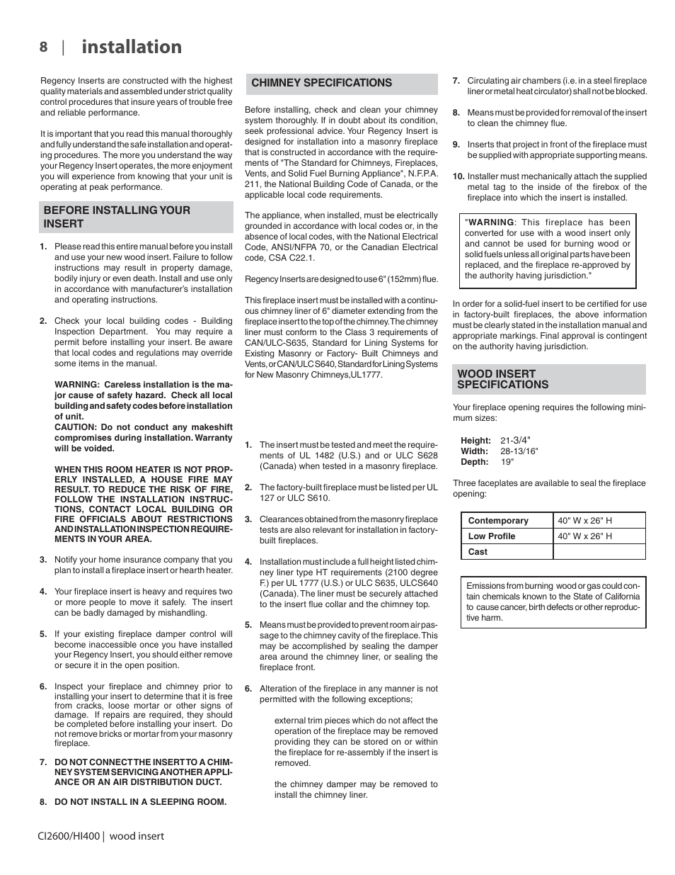 Installation | Regency CI2600 Large Wood Insert User Manual | Page 8 / 40