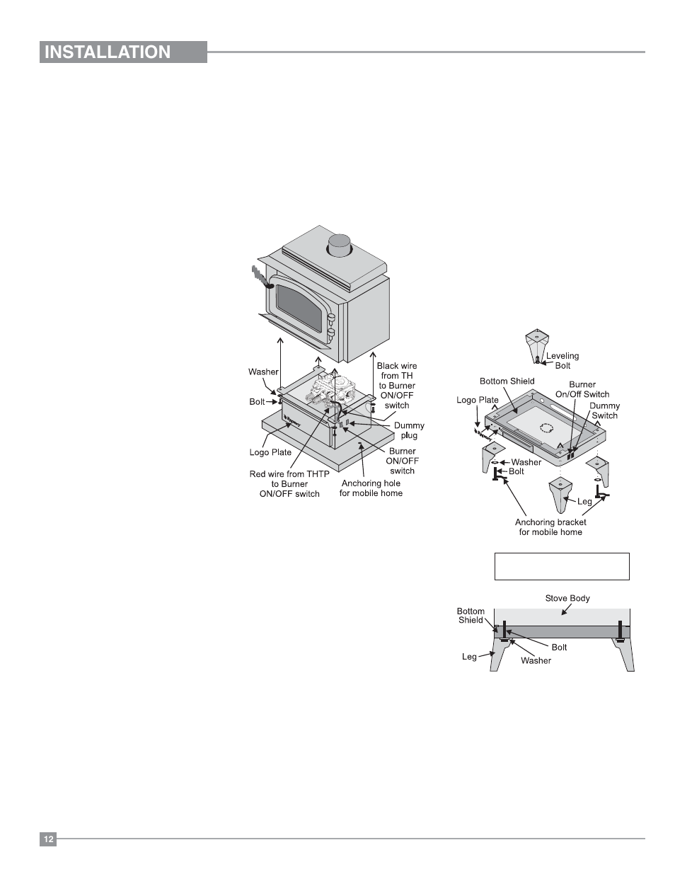 Installation, Pedestal assembly, Leg and bottom shield assembly | Regency Classic C34 Small Gas Stove User Manual | Page 12 / 44