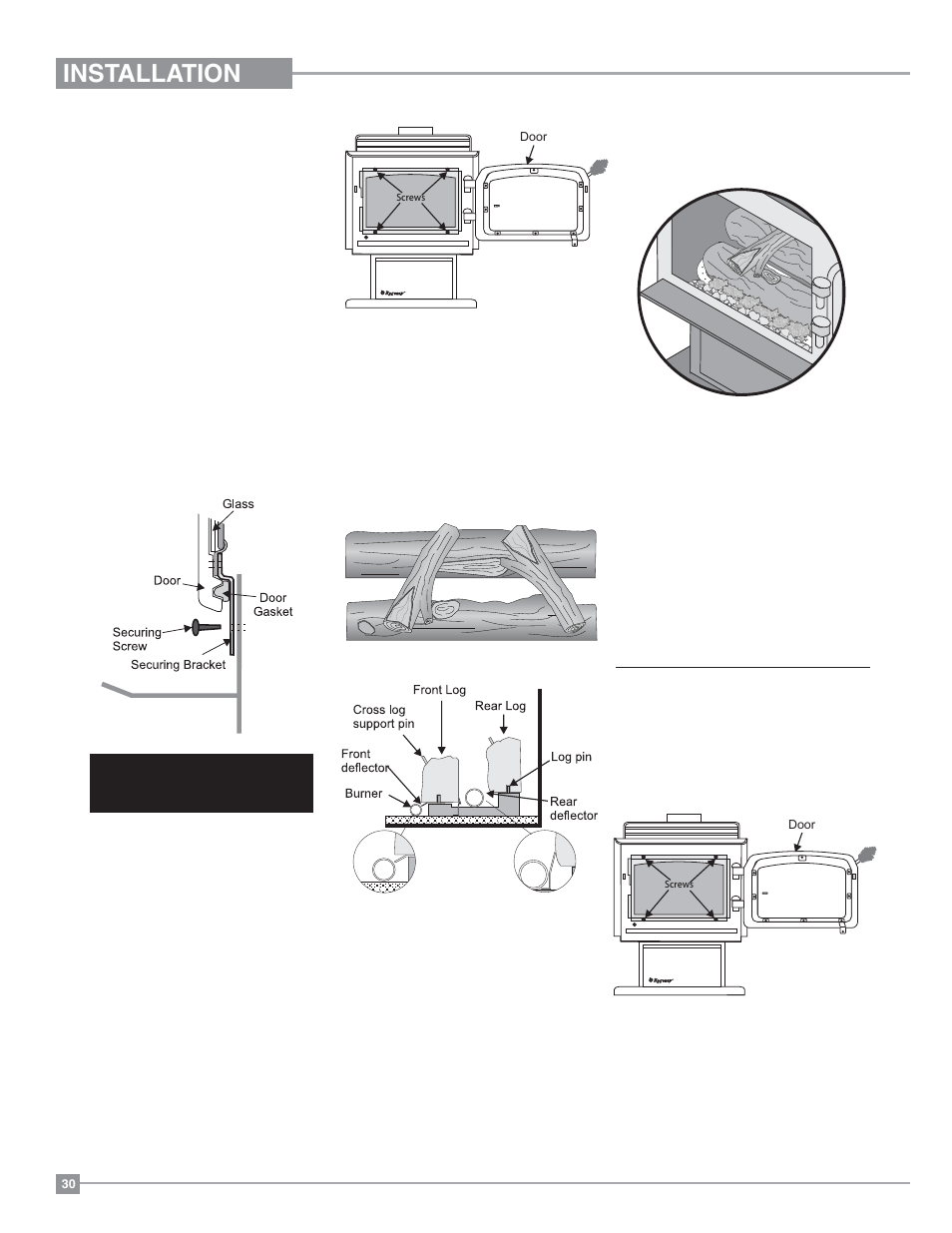 Installation, Door and glass frame, Log installation | Regency Classic C34 Small Gas Stove User Manual | Page 30 / 44