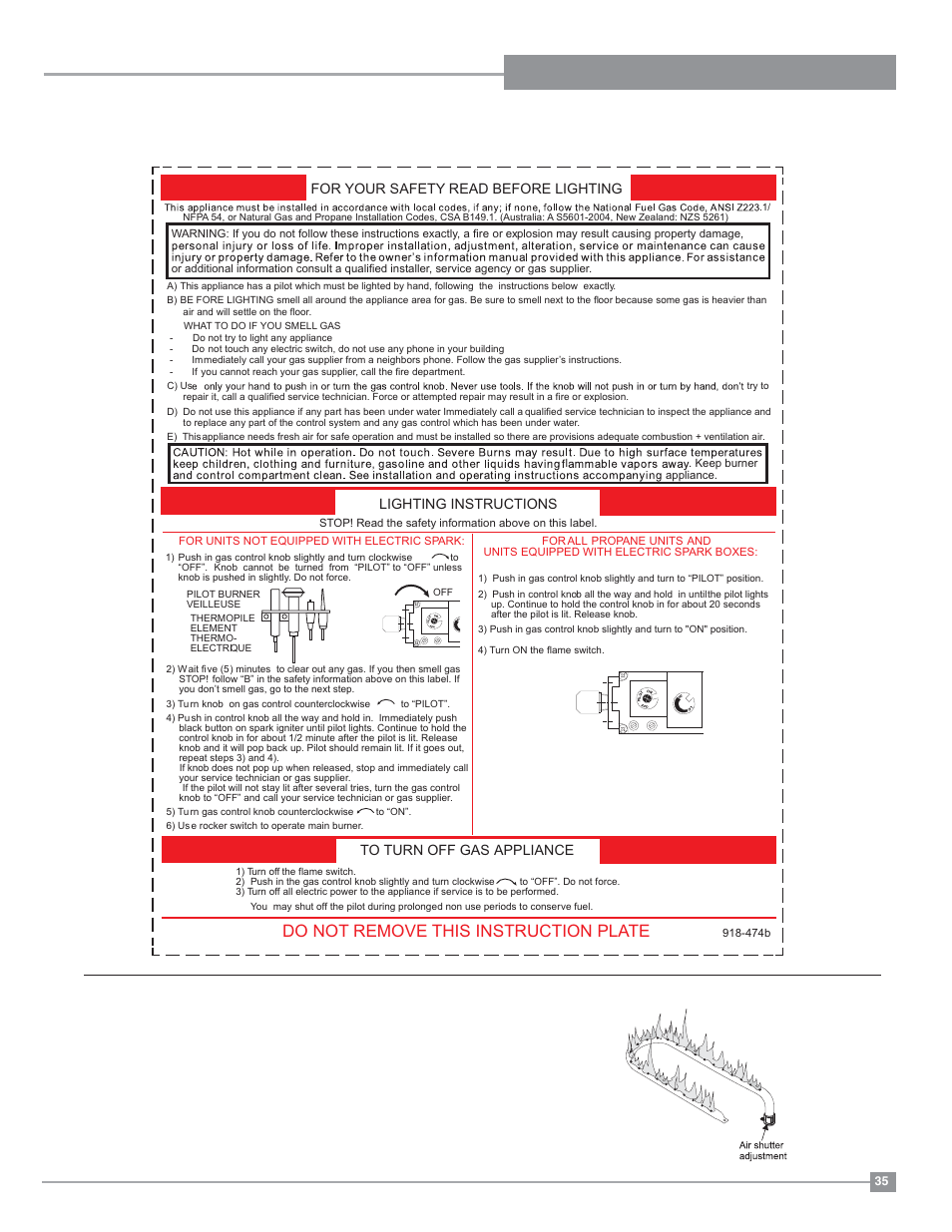 Installation operating instructions, Copy of the lighting plate instructions, Aeration adjustment | Do not remove this instruction plate | Regency Classic C34 Small Gas Stove User Manual | Page 35 / 44