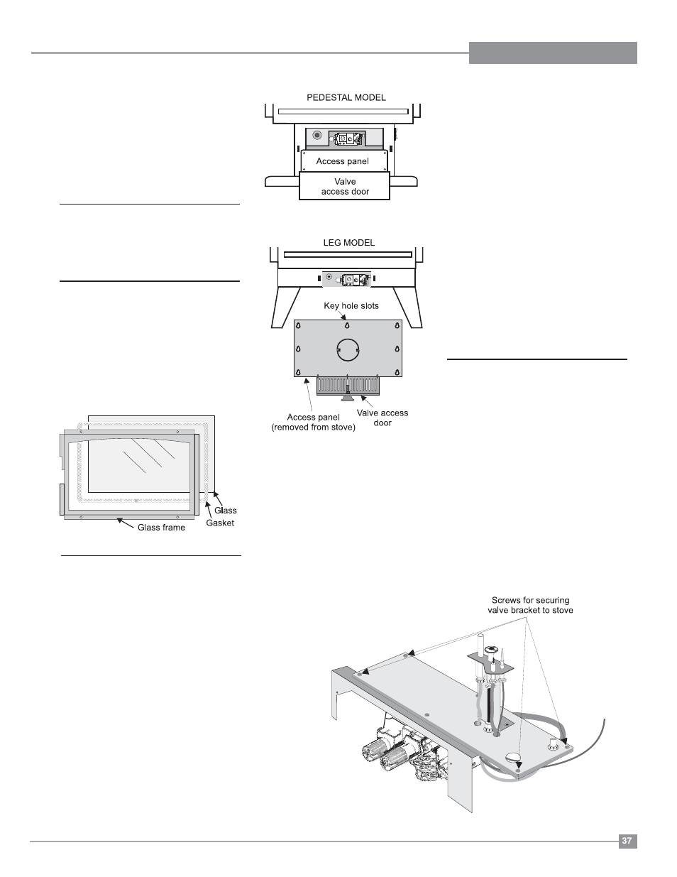 Maintenance, Removing valve assembly, Installing valve assembly | Gold-plated doors, Glass gasket, Glass replacement | Regency Classic C34 Small Gas Stove User Manual | Page 37 / 44