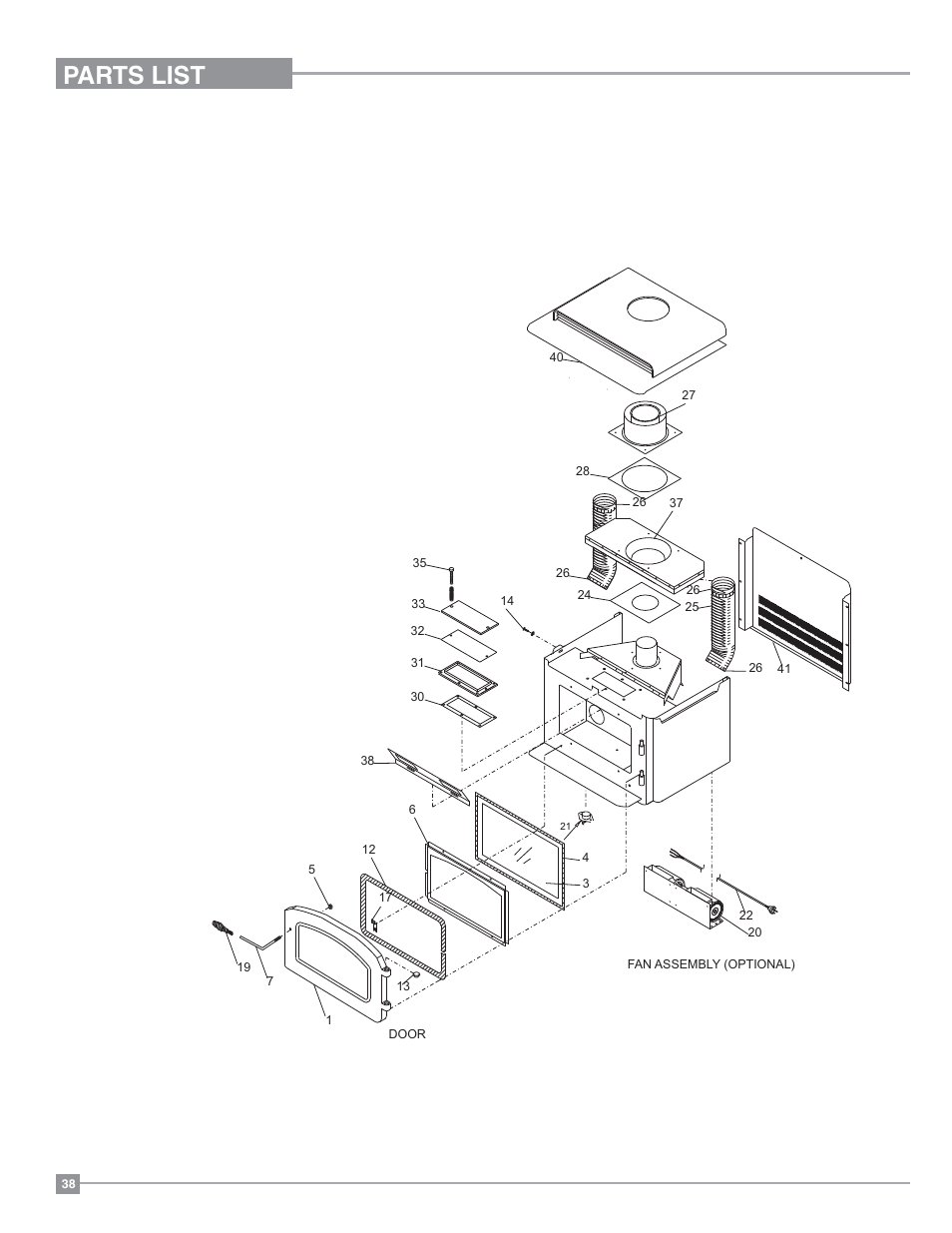 Parts list, Main assembly | Regency Classic C34 Small Gas Stove User Manual | Page 38 / 44