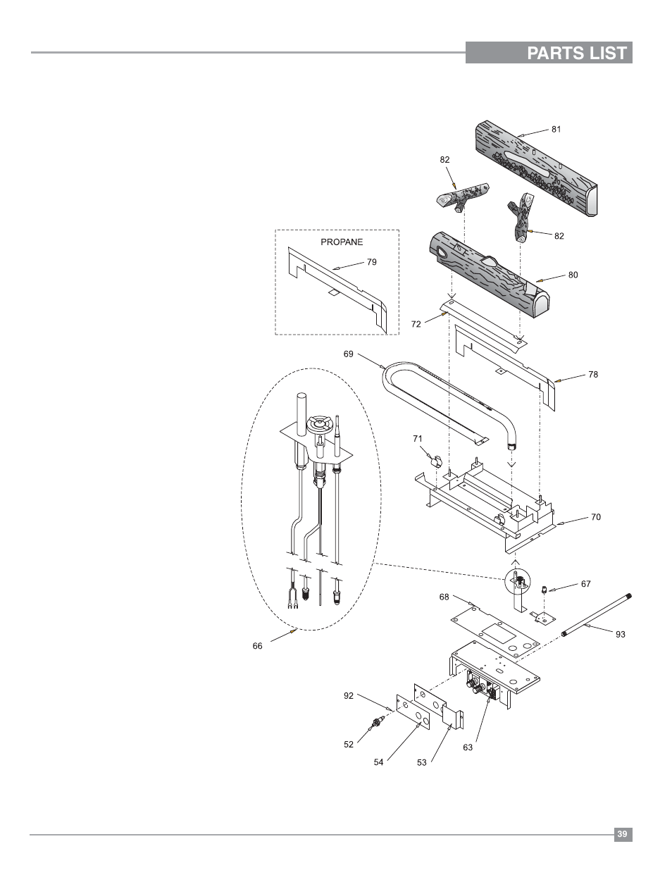 Parts list, Burner assembly & log set | Regency Classic C34 Small Gas Stove User Manual | Page 39 / 44