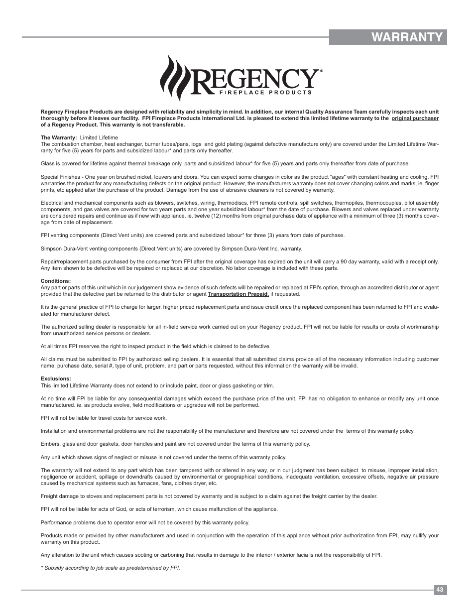 Warranty | Regency Classic C34 Small Gas Stove User Manual | Page 43 / 44