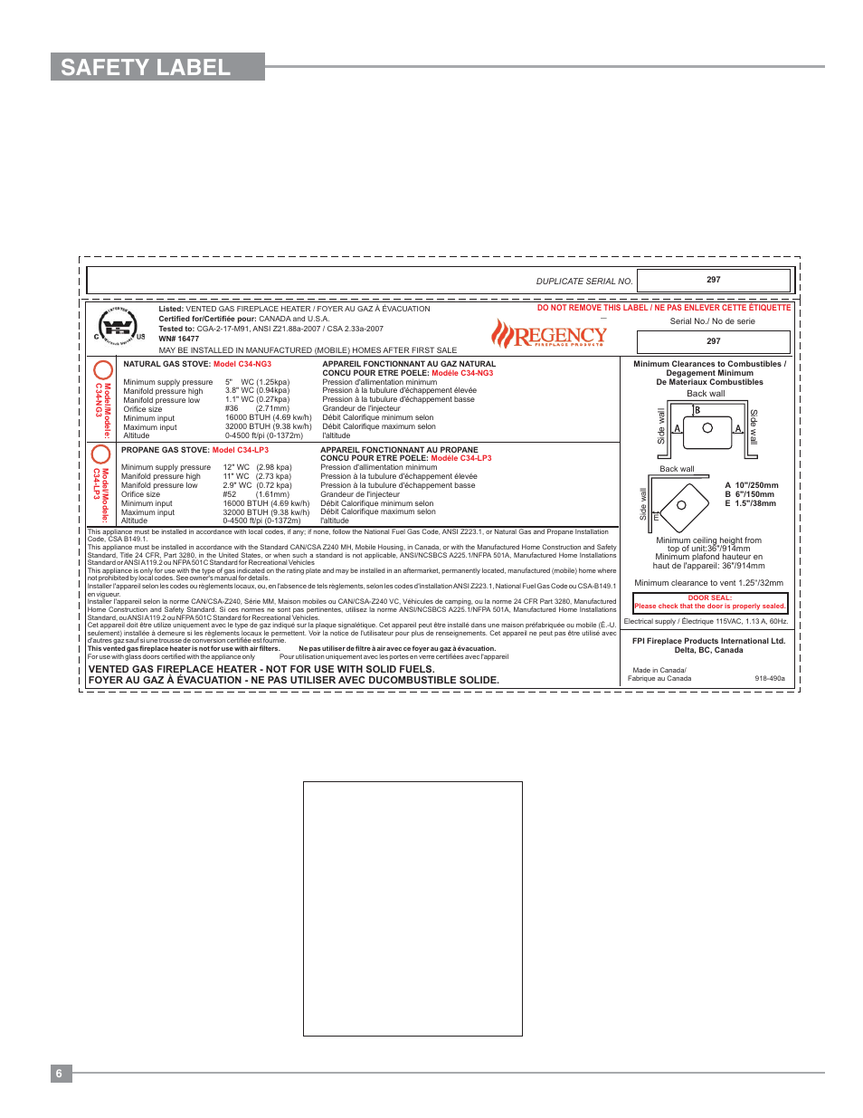 Safety label | Regency Classic C34 Small Gas Stove User Manual | Page 6 / 44