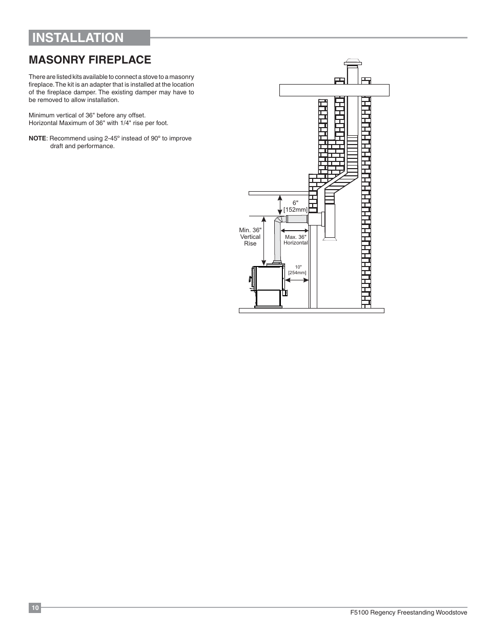 Installation, Masonry fireplace | Regency Classic F5100 Extra Large Wood Stove User Manual | Page 10 / 36