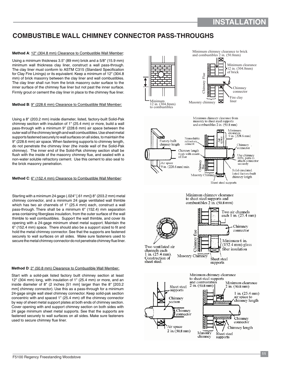 Installation, Combustible wall chimney connector pass-throughs | Regency Classic F5100 Extra Large Wood Stove User Manual | Page 11 / 36