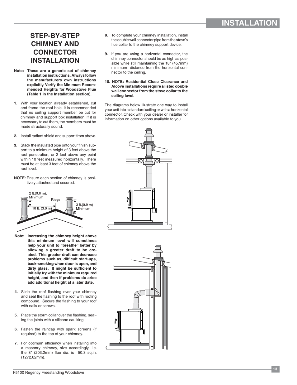 Installation, Step-by-step chimney and connector installation | Regency Classic F5100 Extra Large Wood Stove User Manual | Page 13 / 36