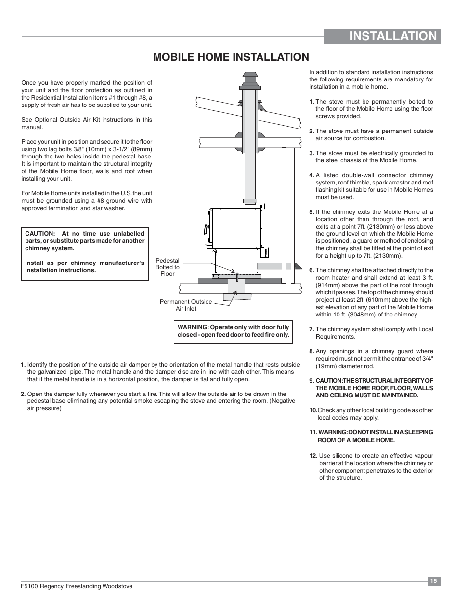 Installation, Mobile home installation | Regency Classic F5100 Extra Large Wood Stove User Manual | Page 15 / 36