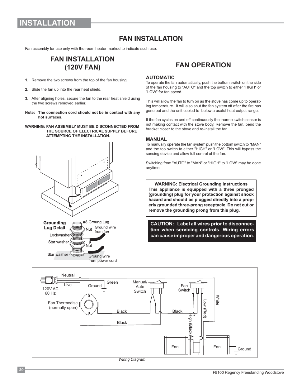 Installation, Fan installation | Regency Classic F5100 Extra Large Wood Stove User Manual | Page 20 / 36