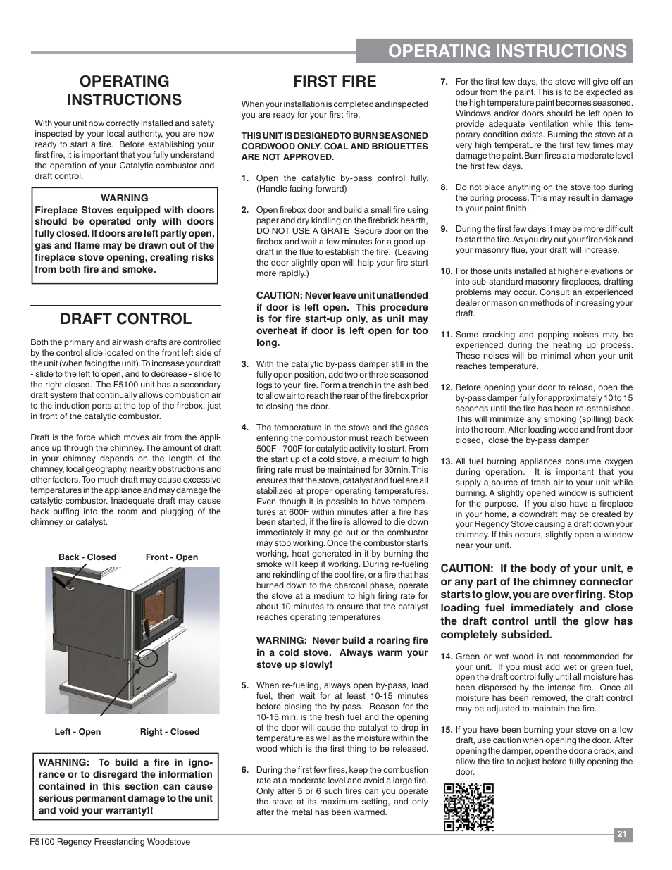 Installation operating instructions, Operating instructions, First fire | Draft control | Regency Classic F5100 Extra Large Wood Stove User Manual | Page 21 / 36