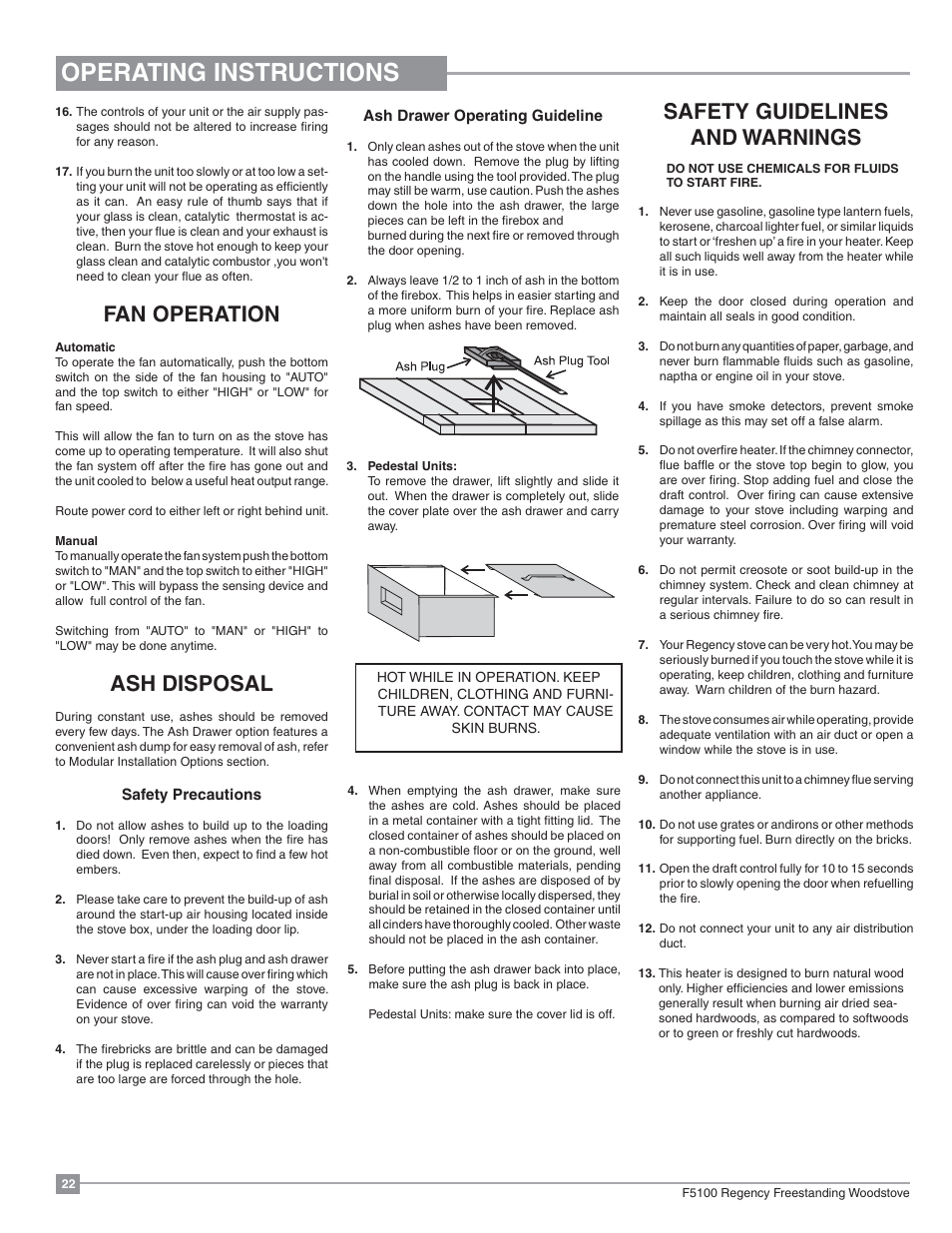 Operating instructions, Fan operation, Ash disposal | Safety guidelines and warnings | Regency Classic F5100 Extra Large Wood Stove User Manual | Page 22 / 36