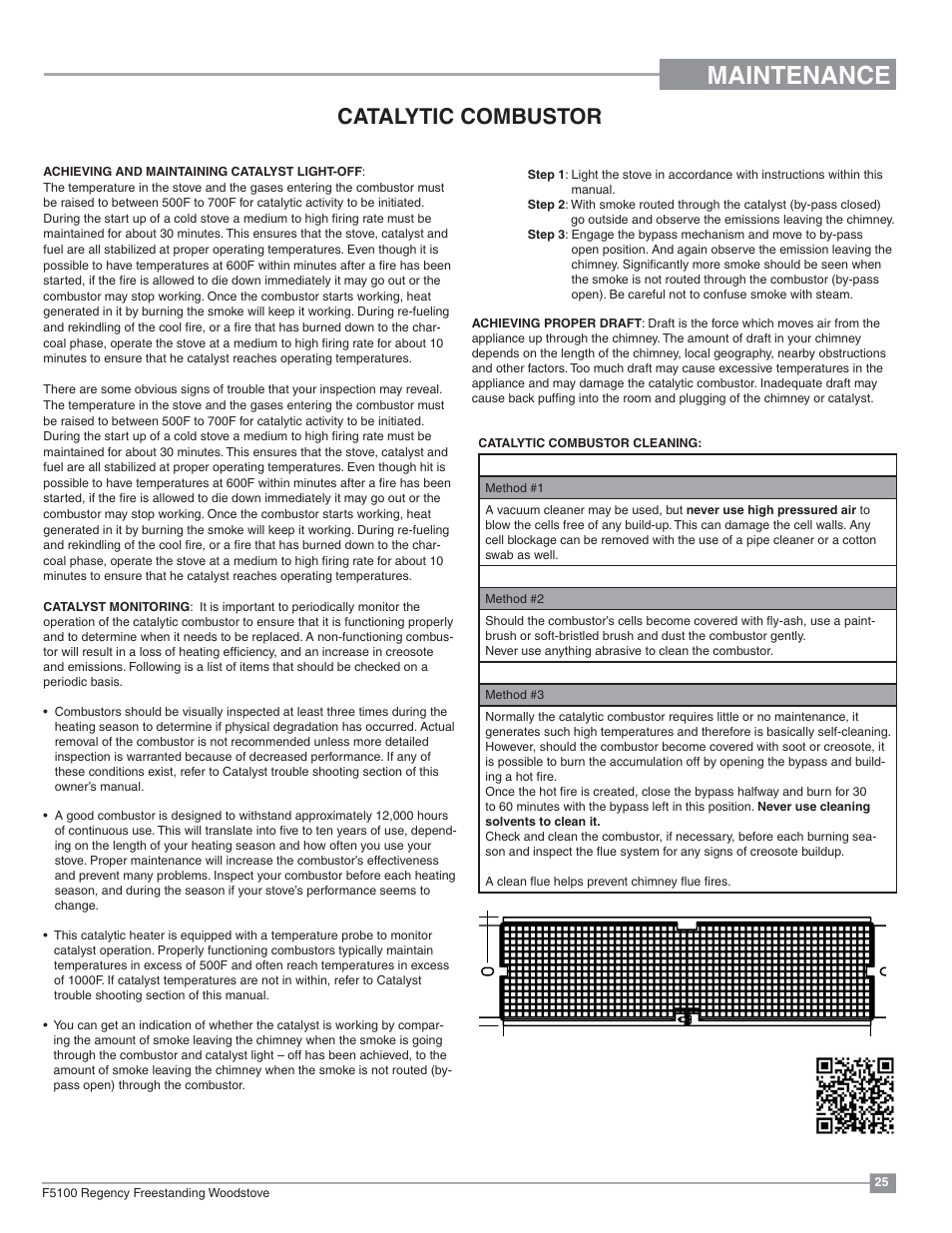 Maintenance, Catalytic combustor | Regency Classic F5100 Extra Large Wood Stove User Manual | Page 25 / 36