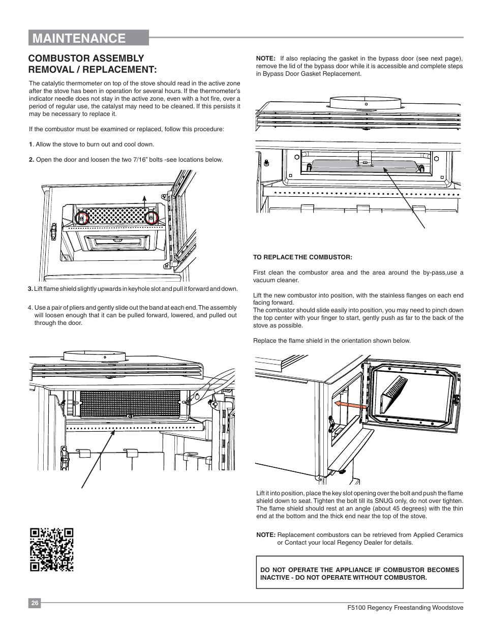 Maintenance, Combustor assembly removal / replacement | Regency Classic F5100 Extra Large Wood Stove User Manual | Page 26 / 36