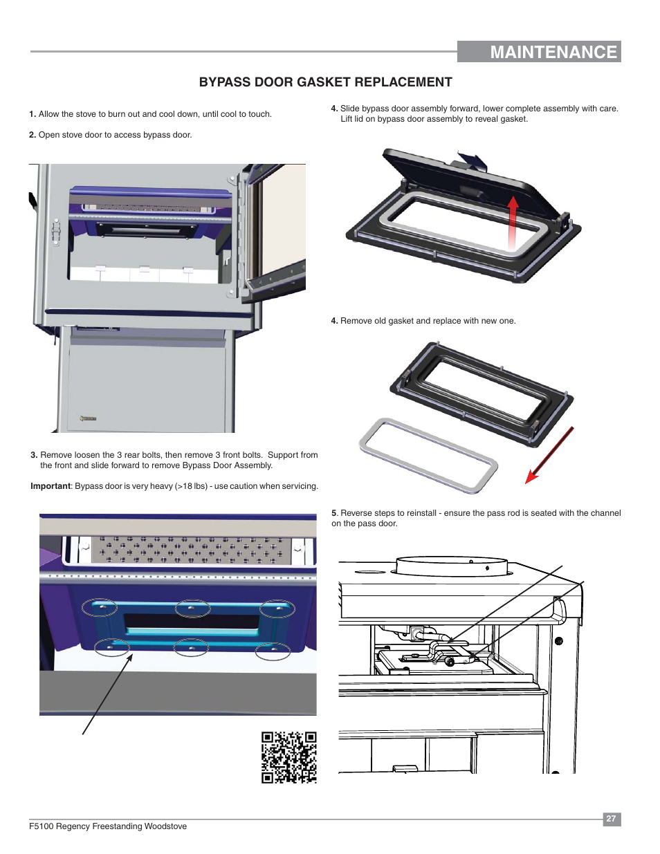 Maintenance, Bypass door gasket replacement | Regency Classic F5100 Extra Large Wood Stove User Manual | Page 27 / 36