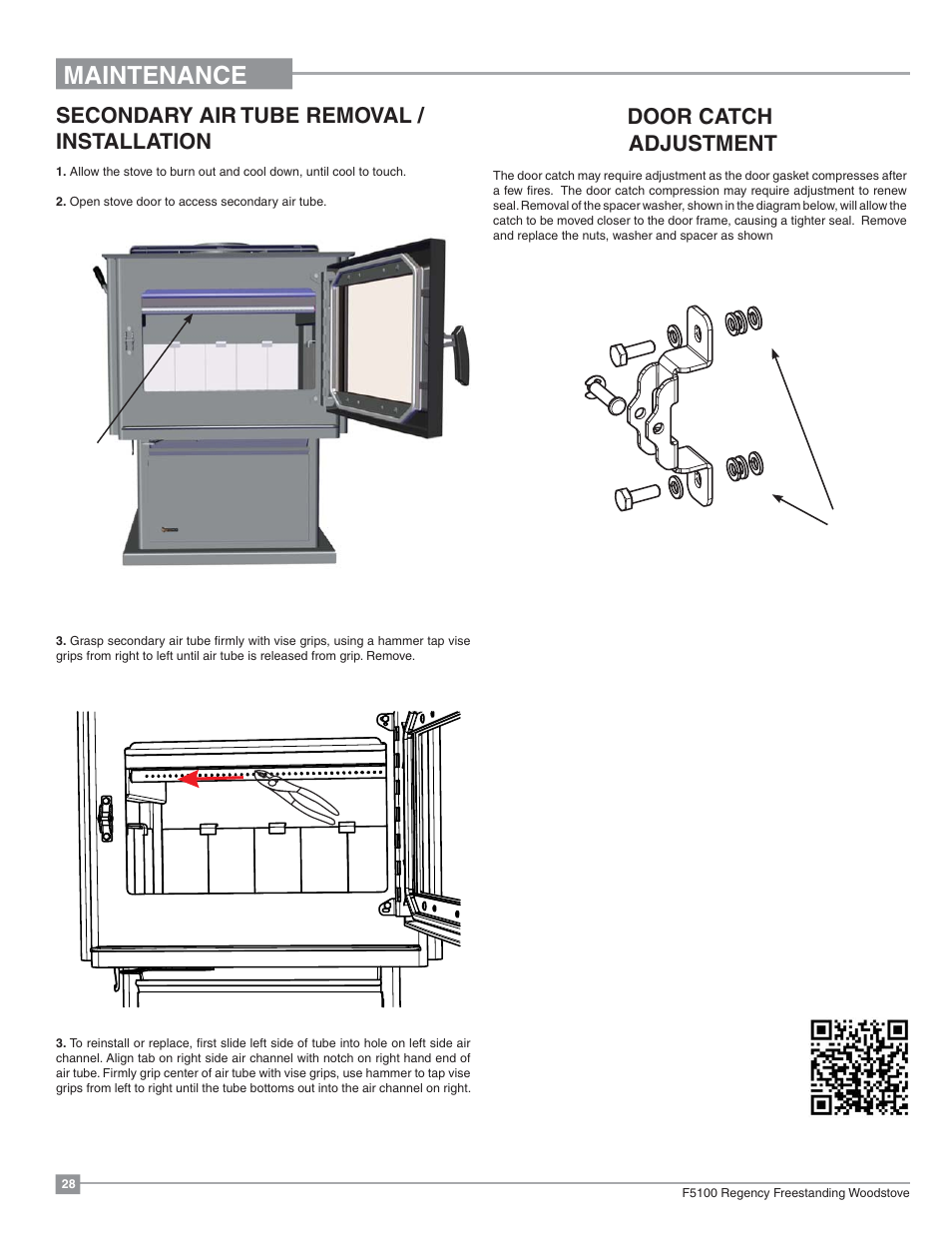 Maintenance, Secondary air tube removal / installation, Door catch adjustment | Regency Classic F5100 Extra Large Wood Stove User Manual | Page 28 / 36