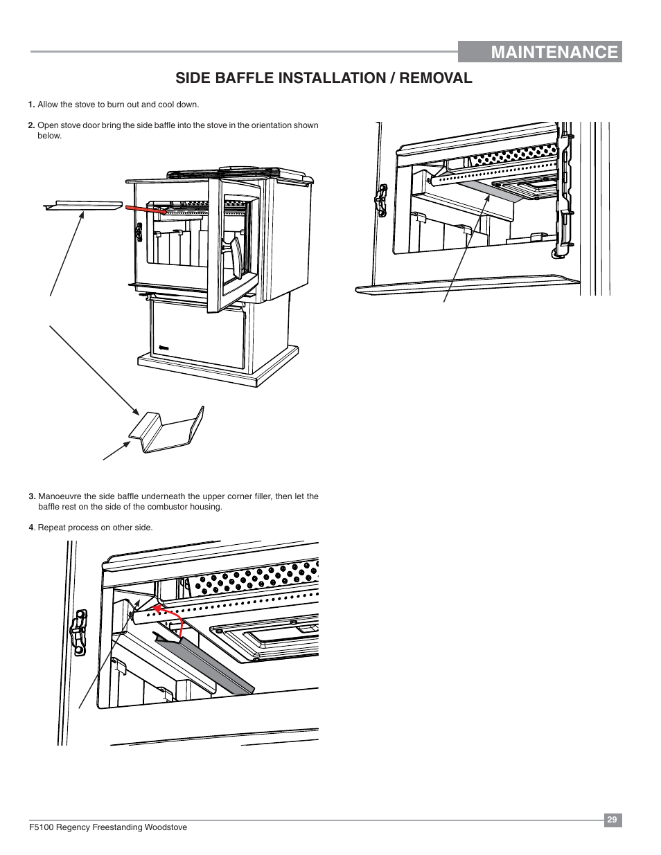 Maintenance, Side baffle installation / removal | Regency Classic F5100 Extra Large Wood Stove User Manual | Page 29 / 36