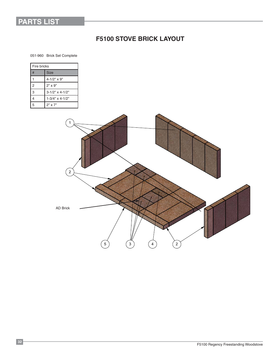 Parts list, F5100 stove brick layout | Regency Classic F5100 Extra Large Wood Stove User Manual | Page 32 / 36