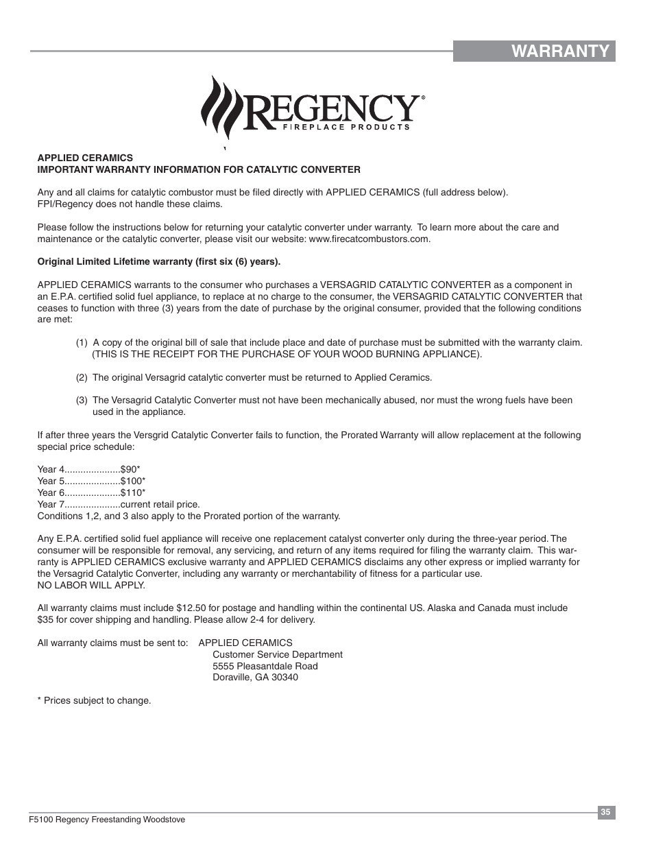 Warranty | Regency Classic F5100 Extra Large Wood Stove User Manual | Page 35 / 36