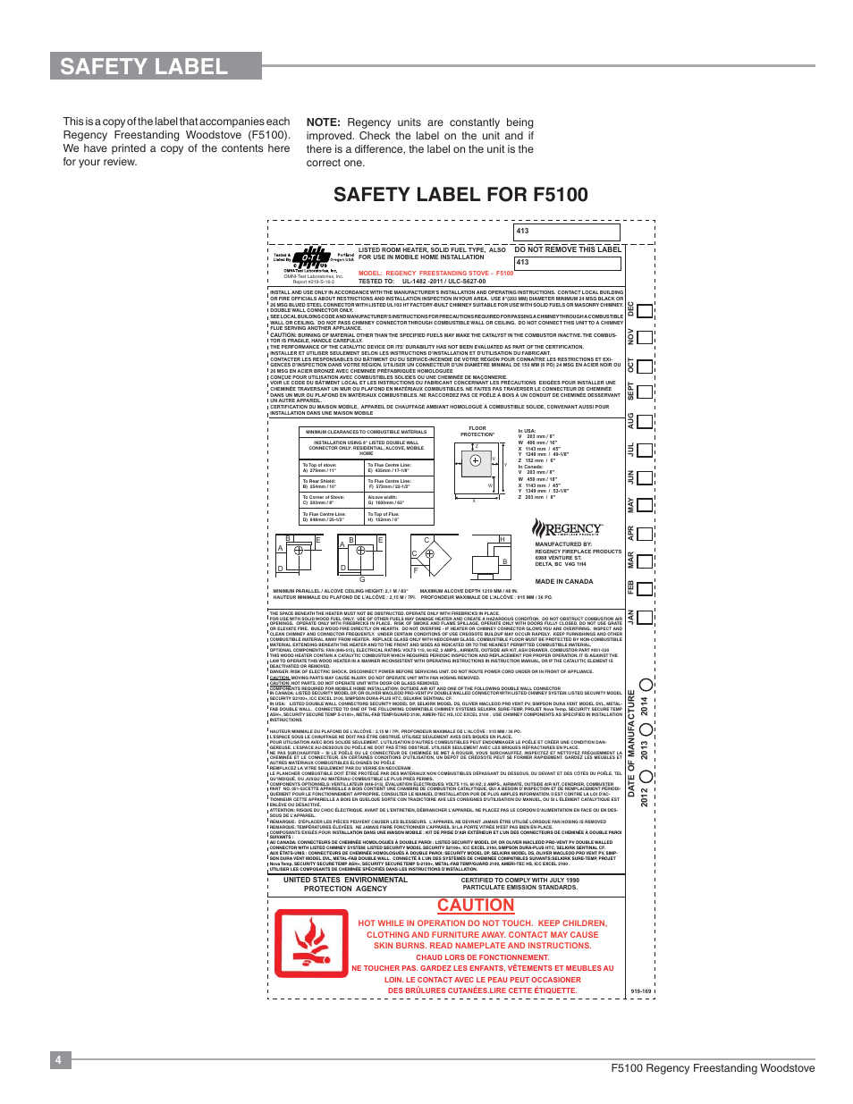 Safety label, Safety label for f5100, Caution | Regency Classic F5100 Extra Large Wood Stove User Manual | Page 4 / 36