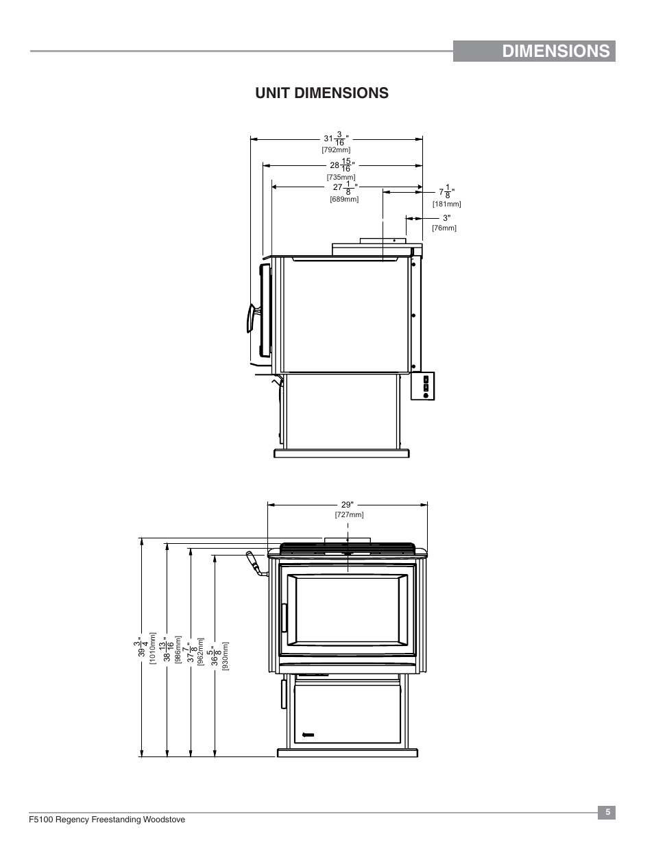 Dimensions, Unit dimensions | Regency Classic F5100 Extra Large Wood Stove User Manual | Page 5 / 36