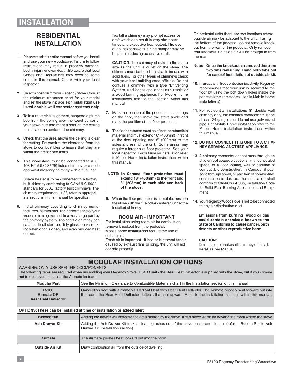 Installation, Residential installation, Modular installation options | Regency Classic F5100 Extra Large Wood Stove User Manual | Page 6 / 36