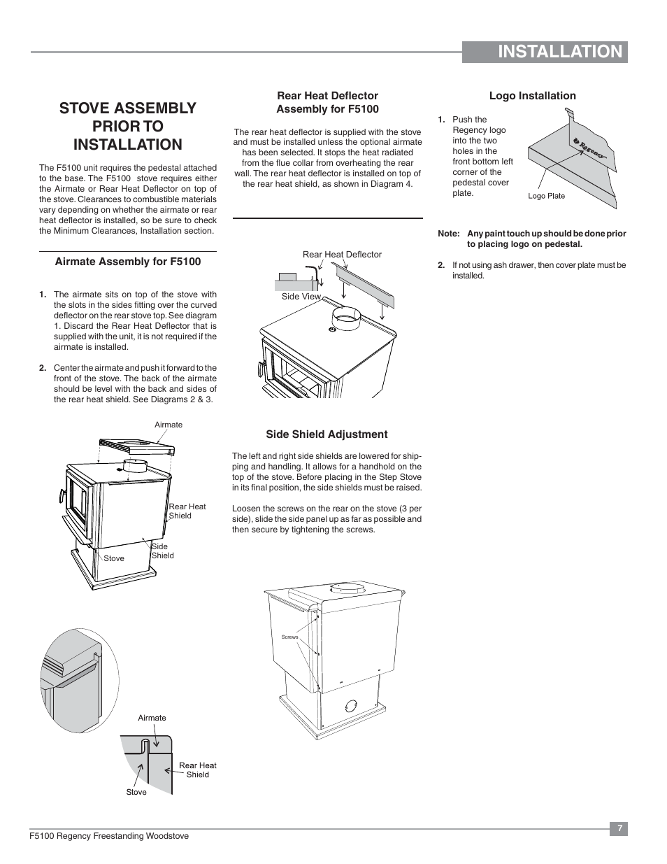 Installation, Stove assembly prior to installation | Regency Classic F5100 Extra Large Wood Stove User Manual | Page 7 / 36