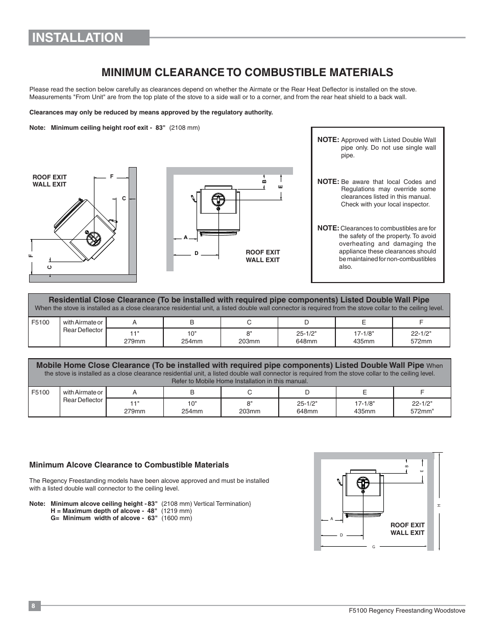 Installation, Minimum clearance to combustible materials | Regency Classic F5100 Extra Large Wood Stove User Manual | Page 8 / 36