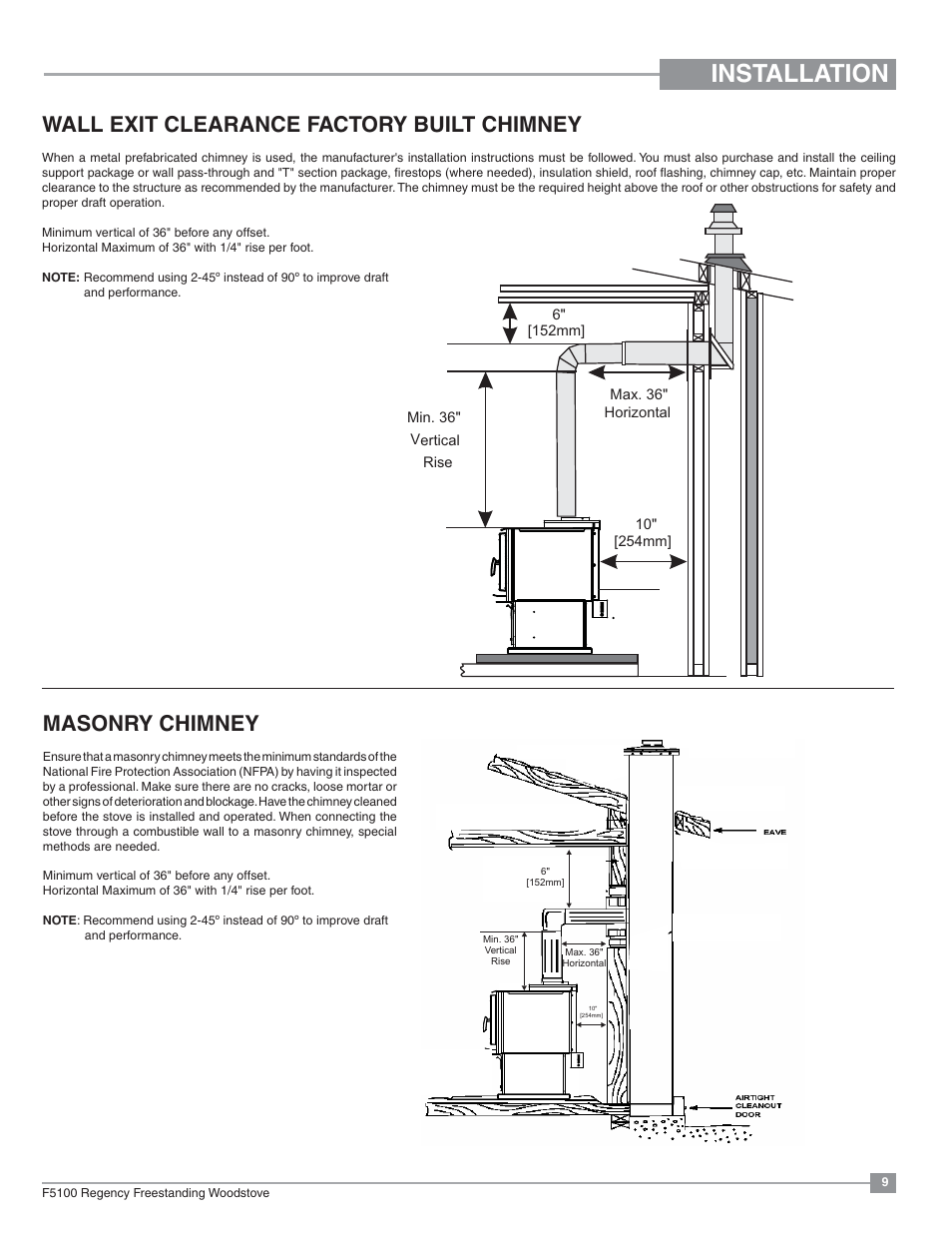 Installation, Wall exit clearance factory built chimney, Masonry chimney | Regency Classic F5100 Extra Large Wood Stove User Manual | Page 9 / 36