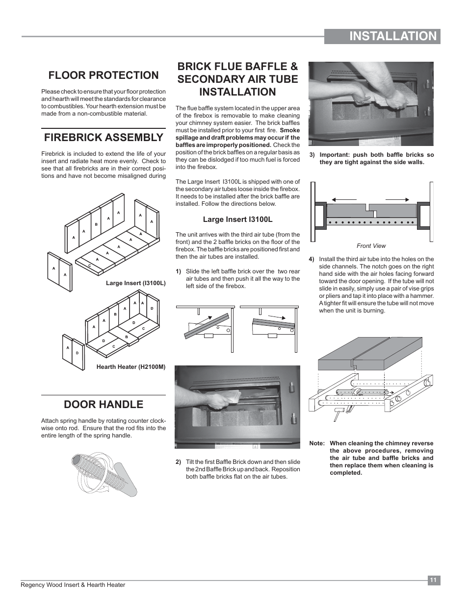 Installation, Floor protection, Firebrick assembly | Door handle | Regency Classic I3100 Large Wood Insert User Manual | Page 11 / 24