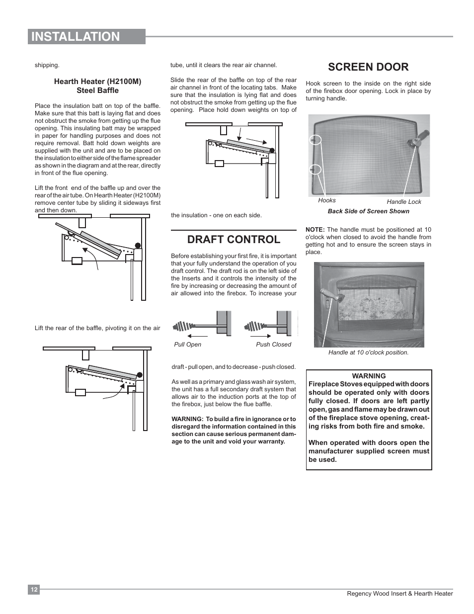 Installation, Draft control, Screen door | Regency Classic I3100 Large Wood Insert User Manual | Page 12 / 24