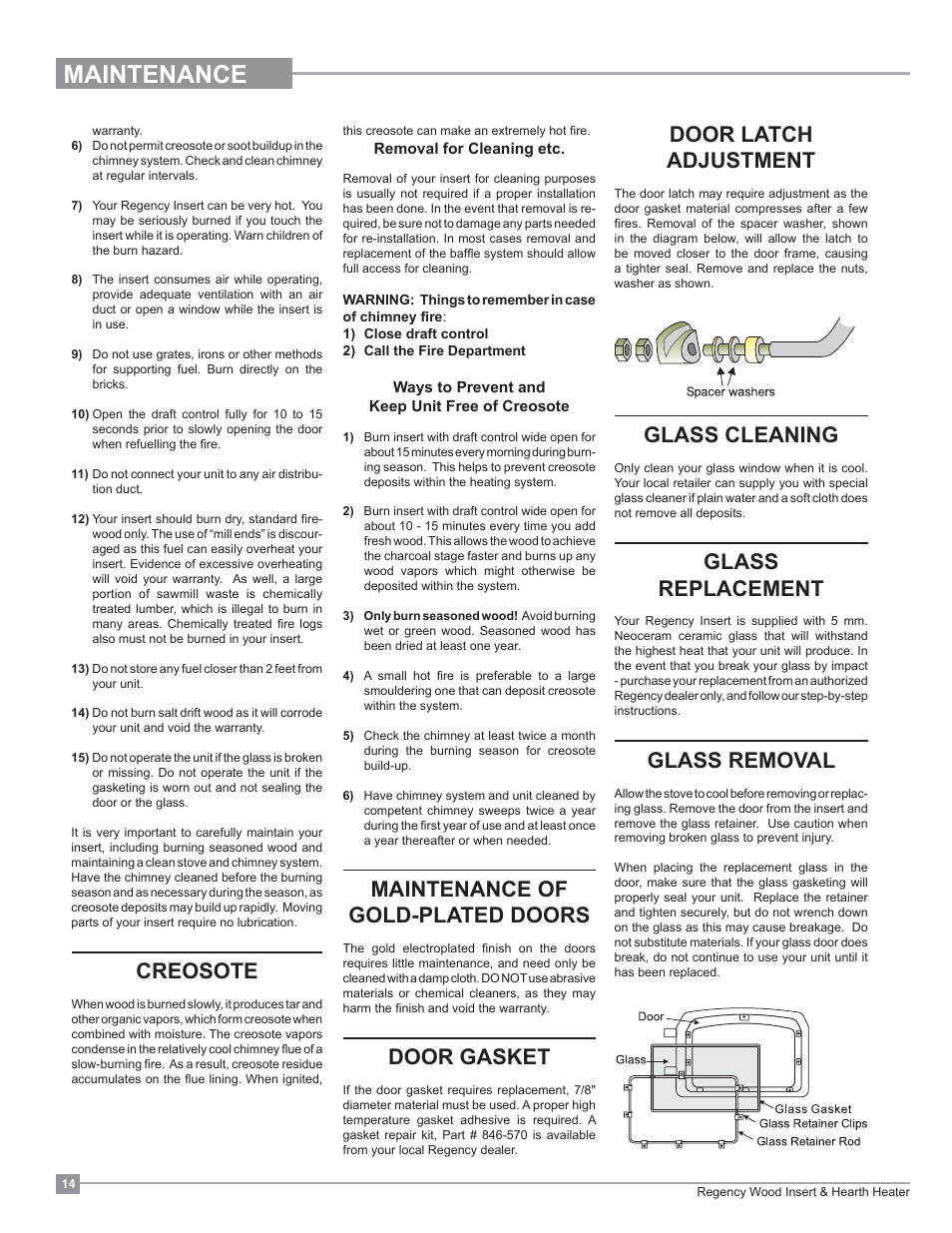 Maintenance, Creosote, Maintenance of gold-plated doors | Door gasket, Door latch adjustment, Glass cleaning, Glass replacement, Glass removal | Regency Classic I3100 Large Wood Insert User Manual | Page 14 / 24