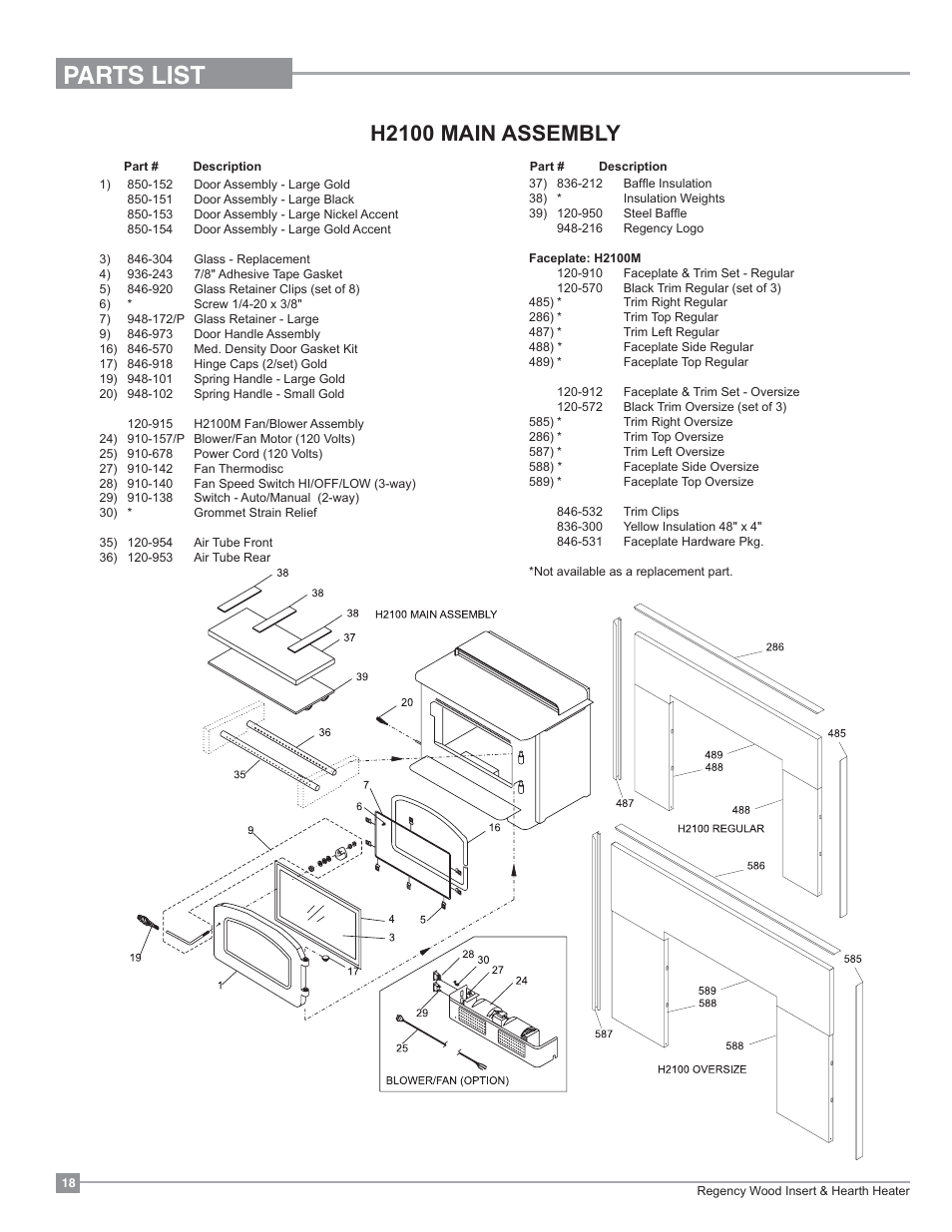 Parts list, H2100 main assembly | Regency Classic I3100 Large Wood Insert User Manual | Page 18 / 24