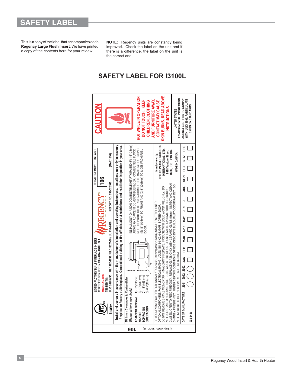 Caution, Safety label, Safety label for i3100l | Regency Classic I3100 Large Wood Insert User Manual | Page 4 / 24