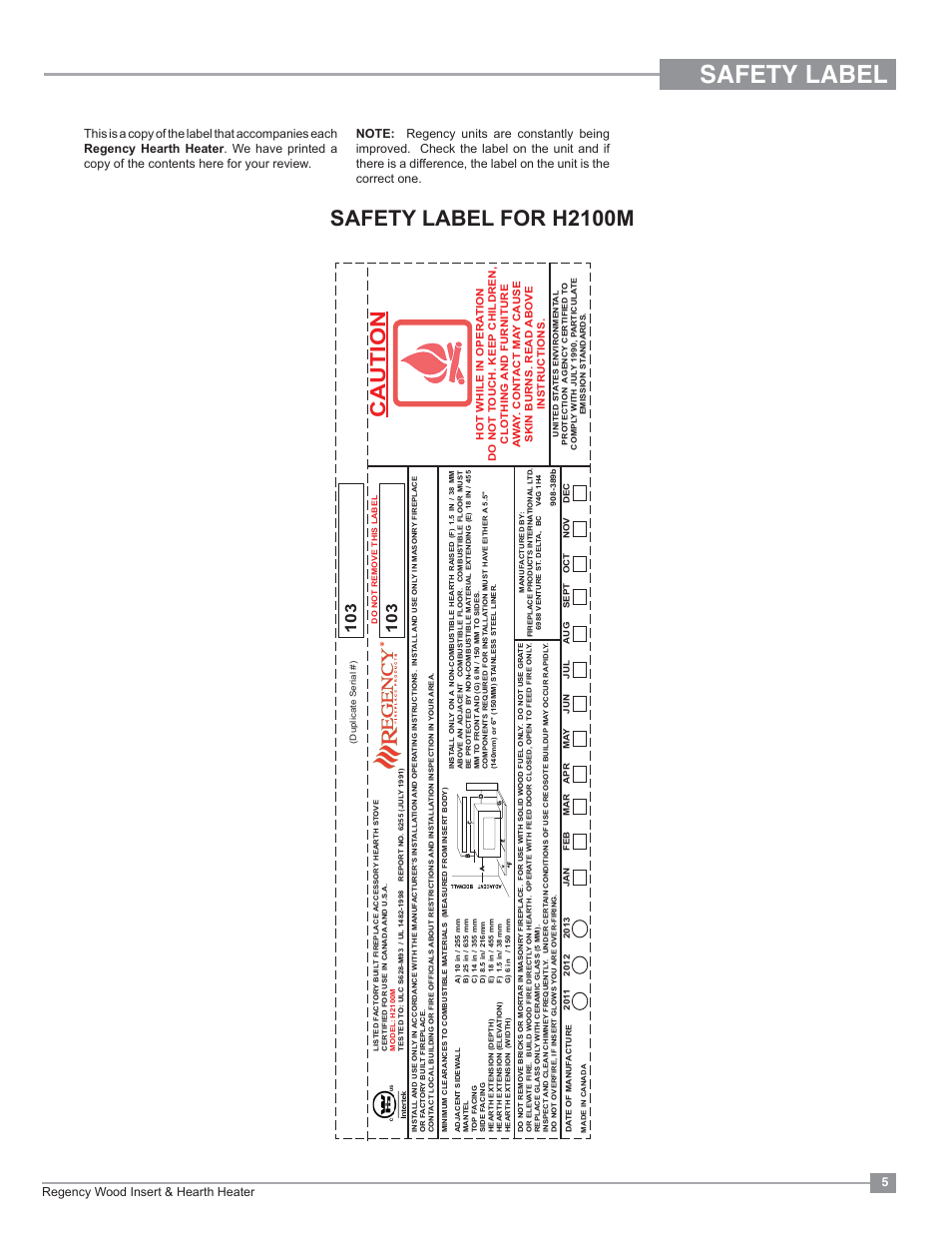 Safety label, Safety label for h2100m, Caution | Regency wood insert & hearth heater 5 | Regency Classic I3100 Large Wood Insert User Manual | Page 5 / 24