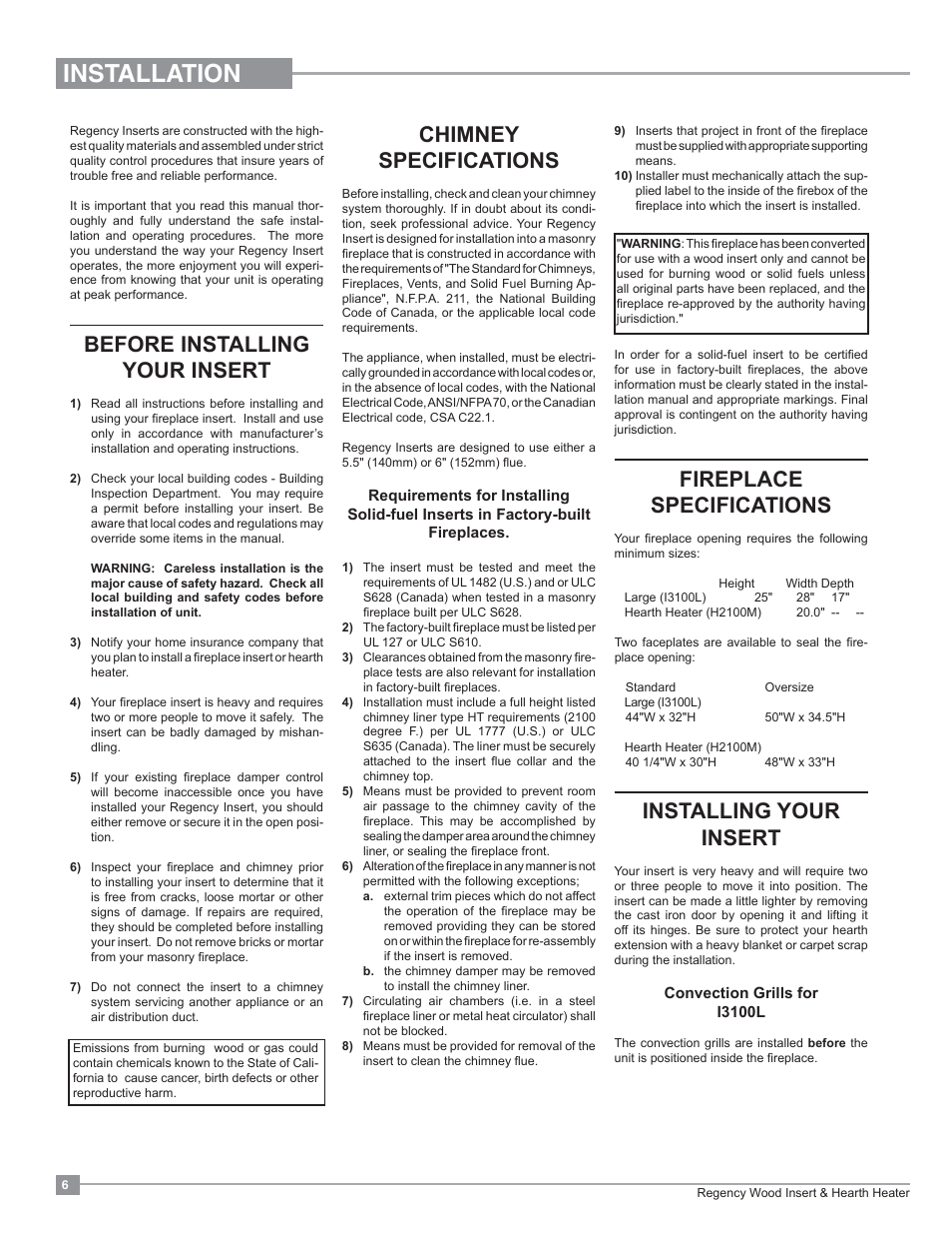 Installation, Chimney specifications, Before installing your insert | Fireplace specifications, Installing your insert | Regency Classic I3100 Large Wood Insert User Manual | Page 6 / 24