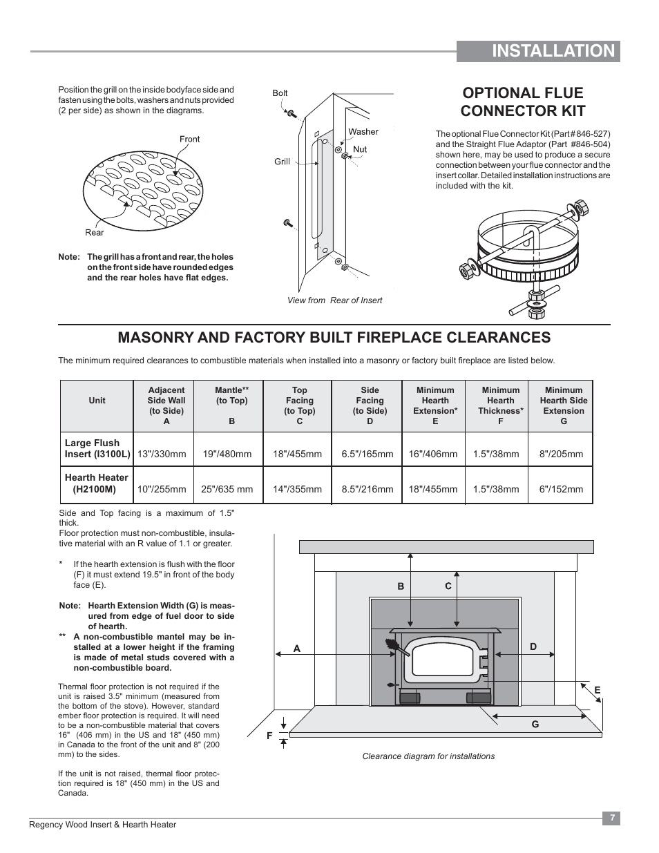 Installation, Masonry and factory built fireplace clearances, Optional flue connector kit | Regency Classic I3100 Large Wood Insert User Manual | Page 7 / 24