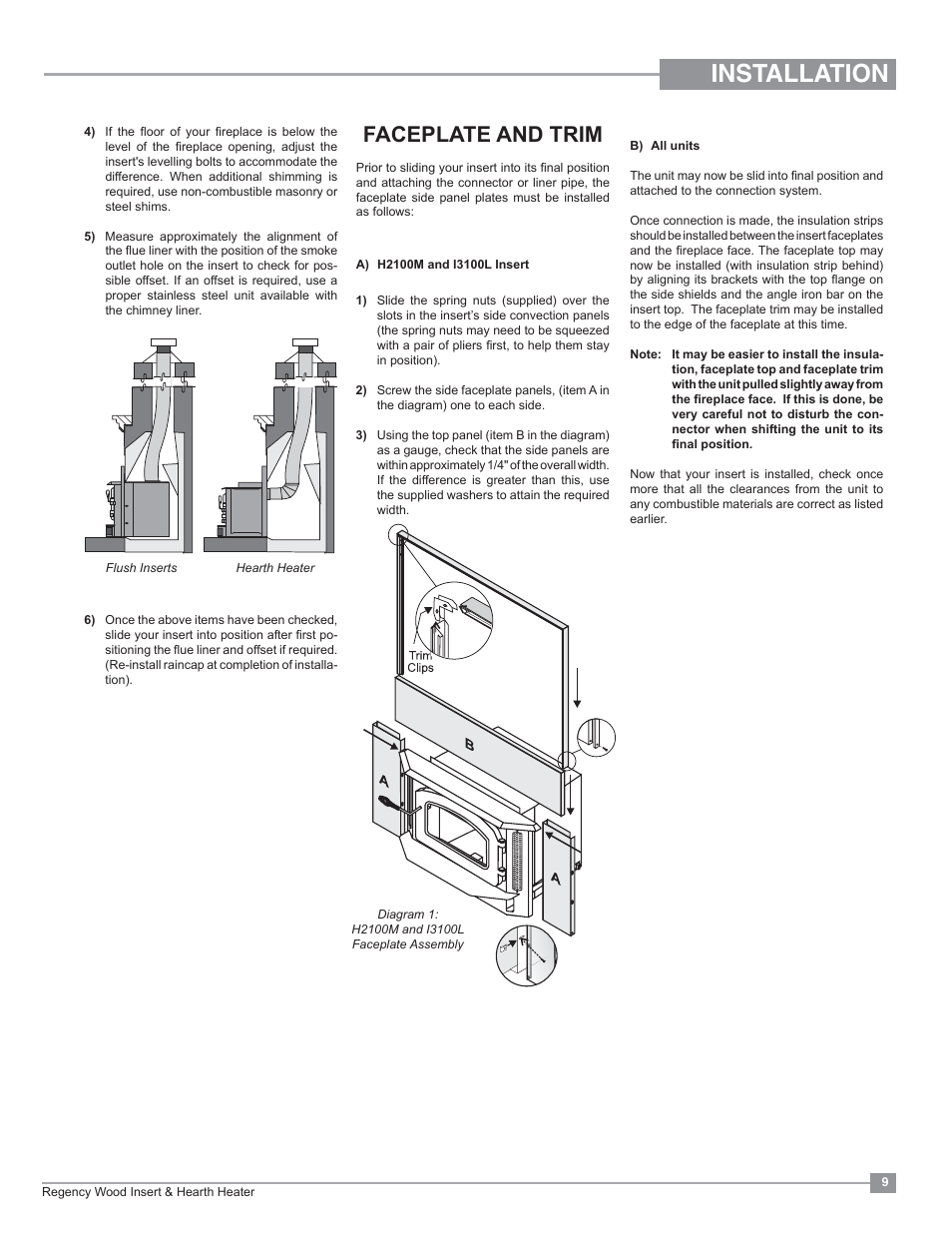 Installation, Faceplate and trim | Regency Classic I3100 Large Wood Insert User Manual | Page 9 / 24