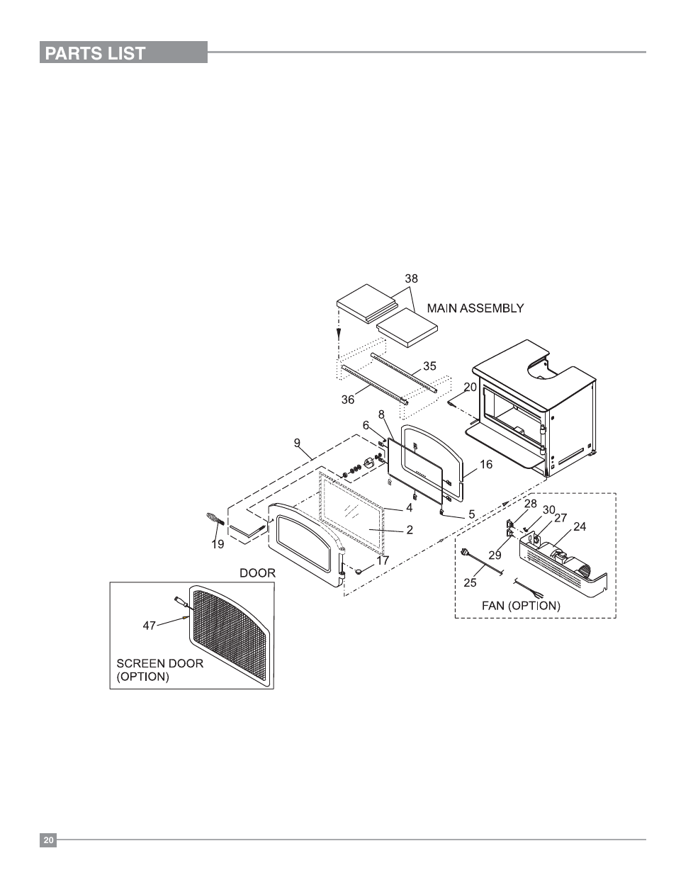 Parts list, Main assembly | Regency Classic I1200 Small Wood Insert User Manual | Page 20 / 24