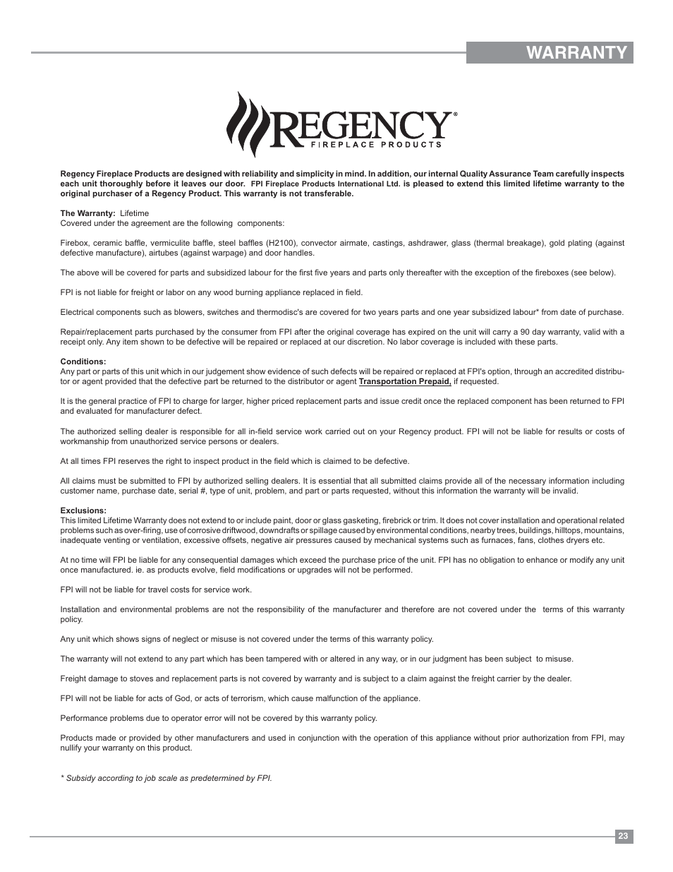 Warranty | Regency Classic I1200 Small Wood Insert User Manual | Page 23 / 24