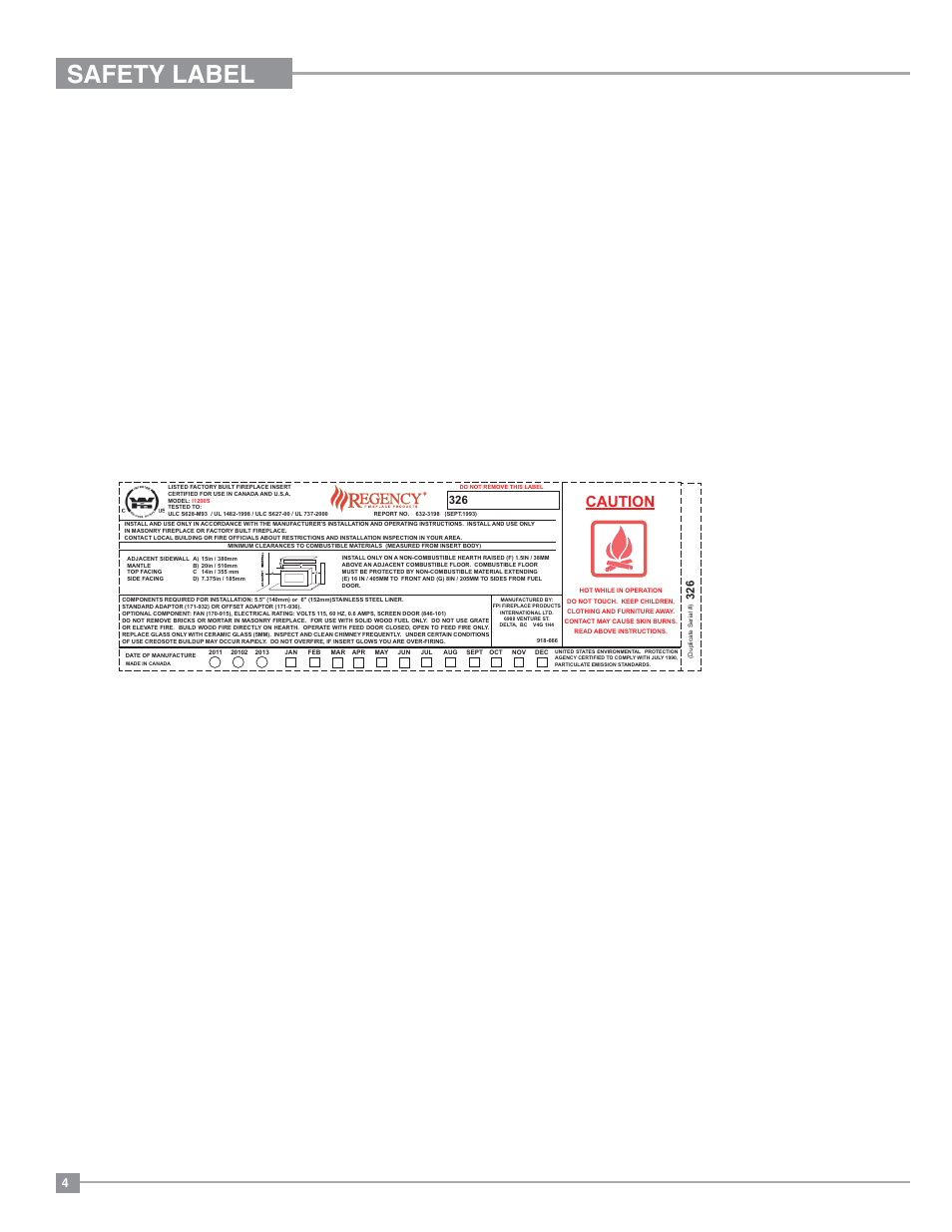 Safety label, Caution | Regency Classic I1200 Small Wood Insert User Manual | Page 4 / 24