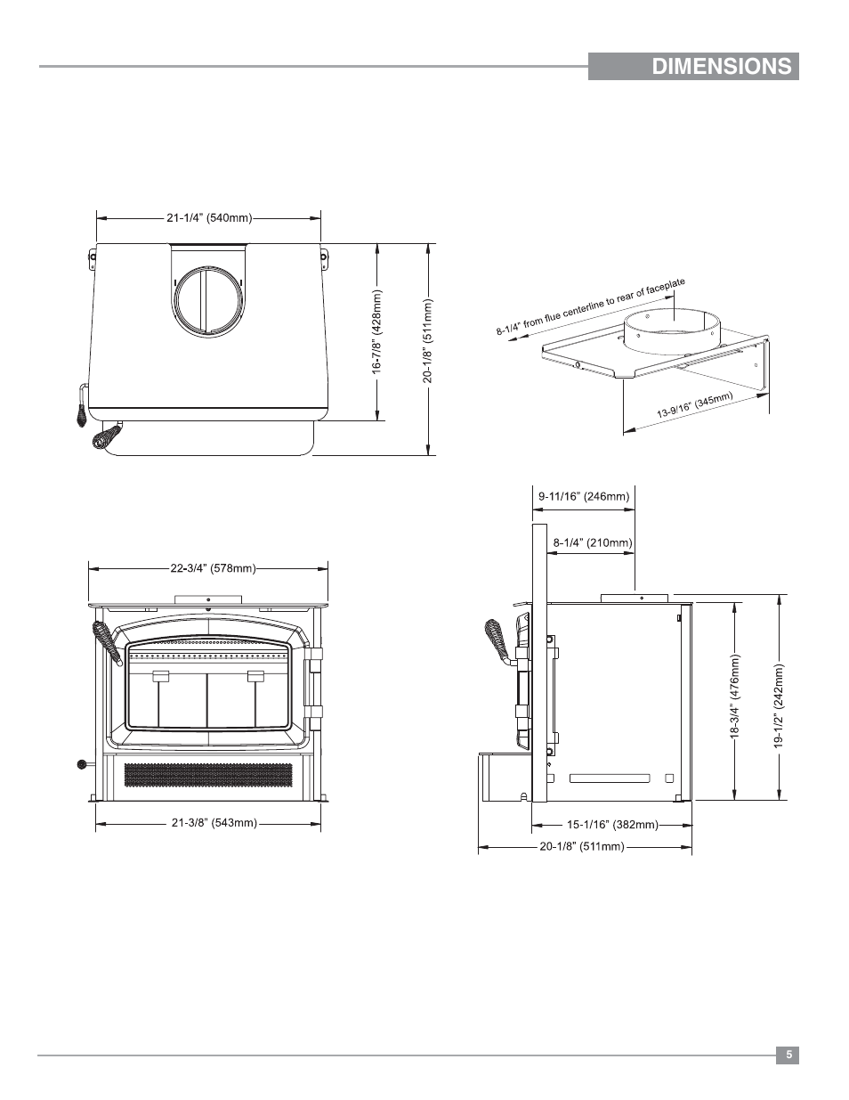 Dimensions, With standard flue adaptor | Regency Classic I1200 Small Wood Insert User Manual | Page 5 / 24