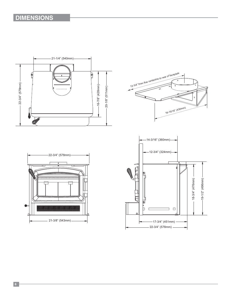 Dimensions, With offset flue adaptor | Regency Classic I1200 Small Wood Insert User Manual | Page 6 / 24