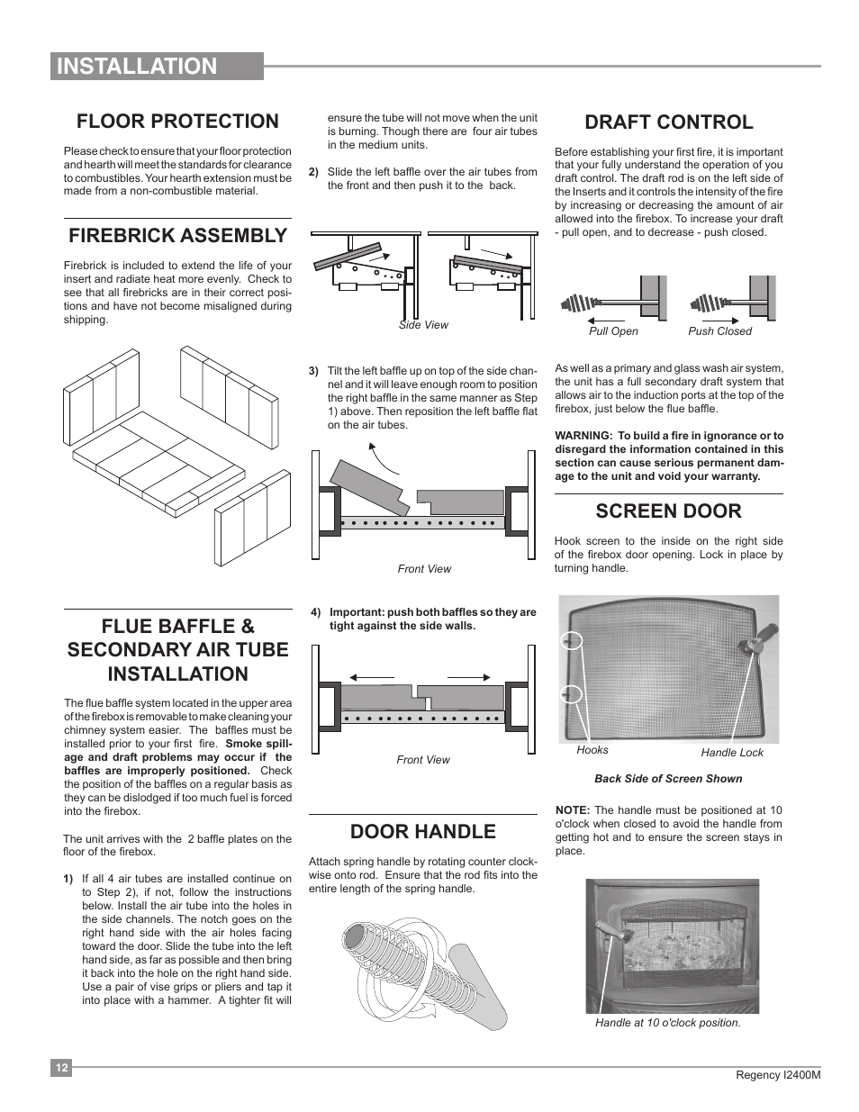 Installation, Draft control, Flue baffle & secondary air tube installation | Floor protection, Firebrick assembly, Screen door, Door handle | Regency Classic I2400 Medium Wood Insert User Manual | Page 12 / 20