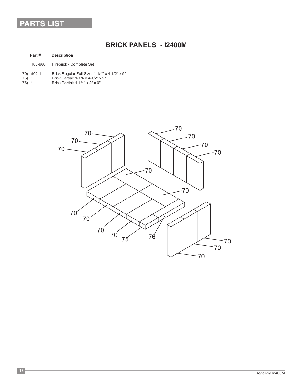 Parts list, Brick panels - i2400m | Regency Classic I2400 Medium Wood Insert User Manual | Page 18 / 20