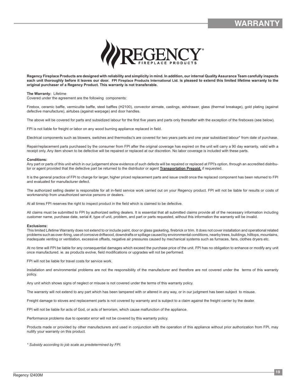 Warranty | Regency Classic I2400 Medium Wood Insert User Manual | Page 19 / 20