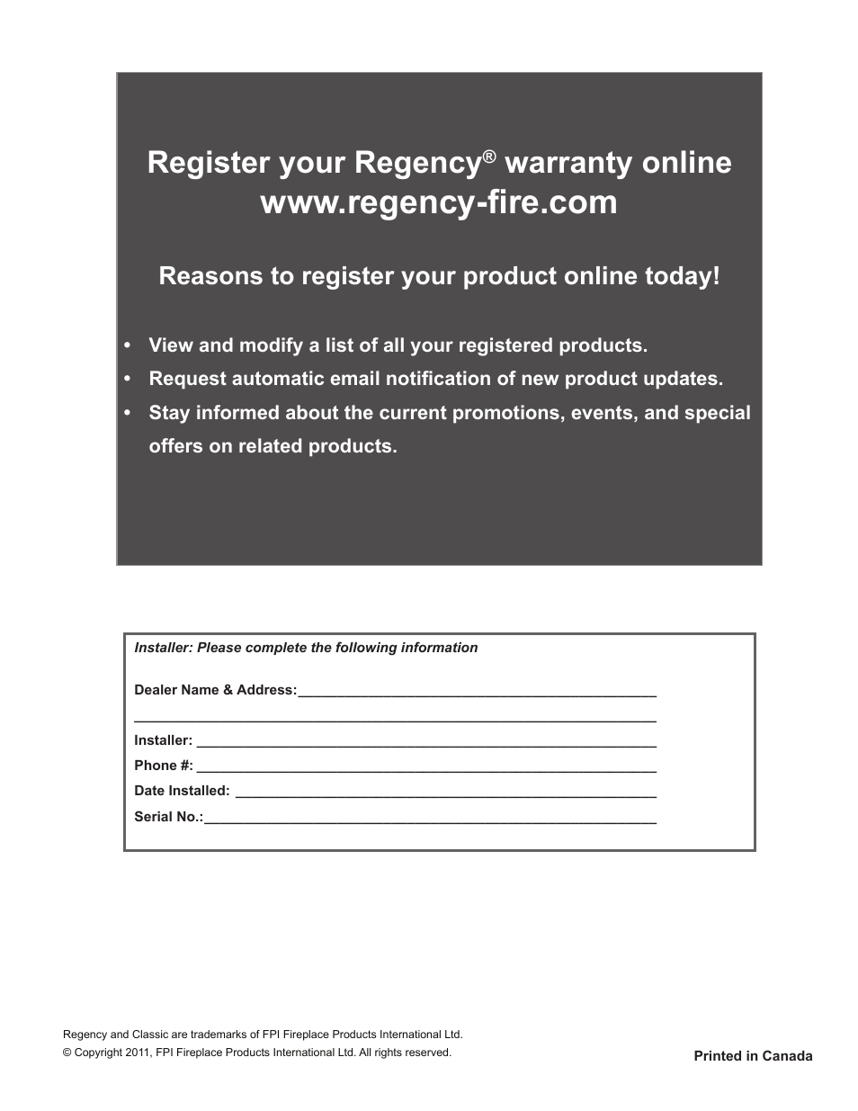 Register your regency, Warranty online, Reasons to register your product online today | Regency Classic I2400 Medium Wood Insert User Manual | Page 20 / 20