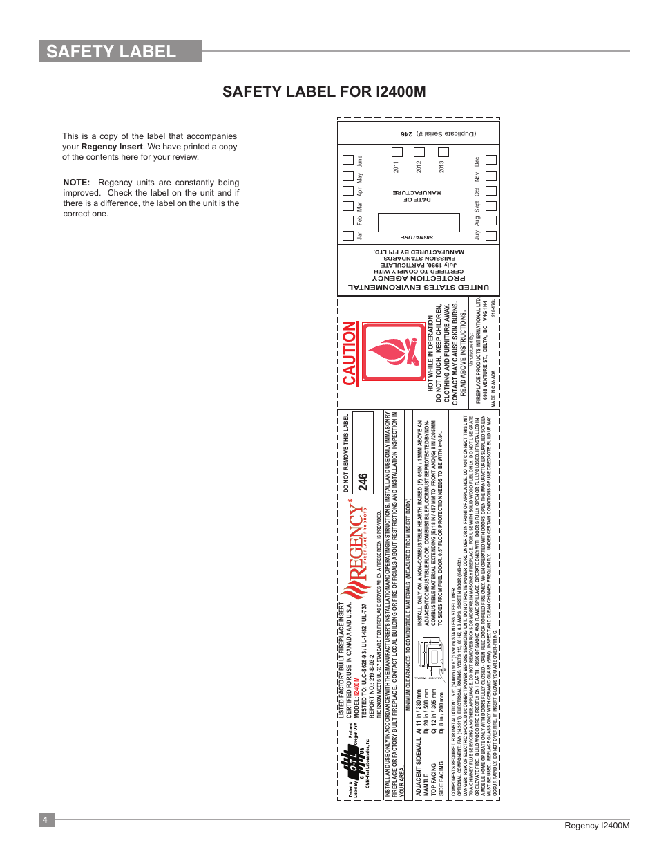 Safety label, Caution, Safety label for i2400m | Regency Classic I2400 Medium Wood Insert User Manual | Page 4 / 20