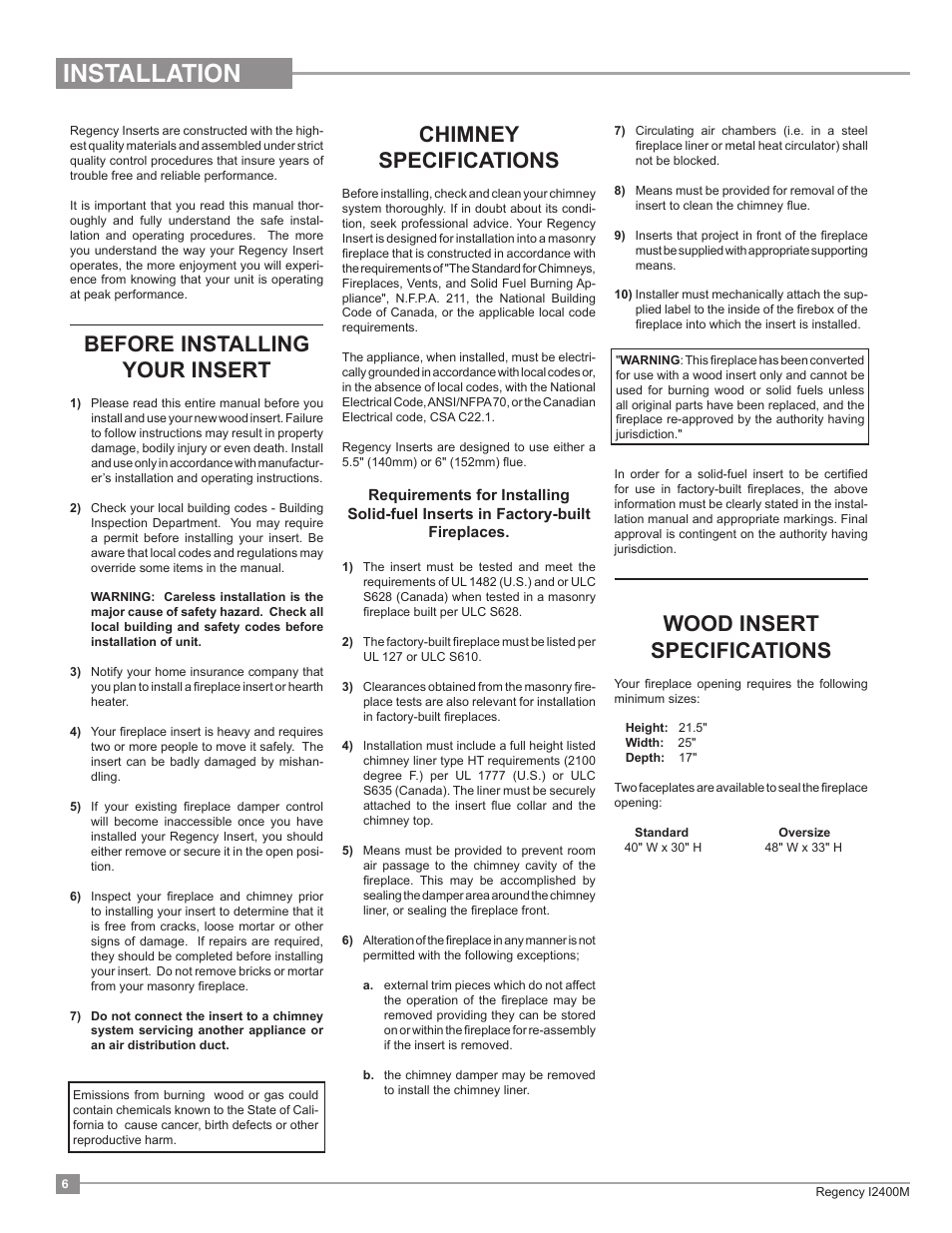 Installation, Chimney specifications, Before installing your insert | Wood insert specifications | Regency Classic I2400 Medium Wood Insert User Manual | Page 6 / 20
